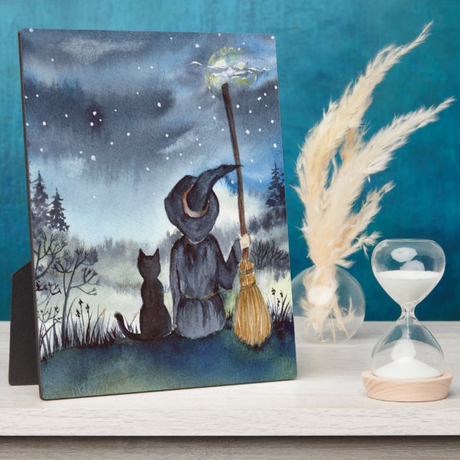 Plaque Photo Pour Halloween Chat noir et la Sorcière étoilée nu (Côté)