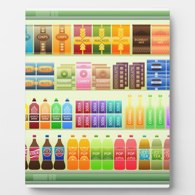 Plaque Photo produits d'étagère de supermarché snacks (Devant)