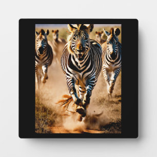 Plaque Photo Quatre zèbres courant à travers la savane tandis q