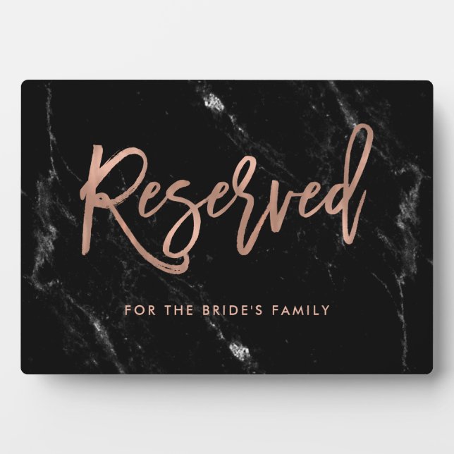 Plaque Photo Réservé | Rose Gold Script Black Marble Mariage (Devant)