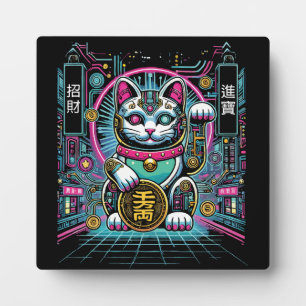 Plaque Photo Robot Cyberpunk Maneki Neko Chat Lucky, Argent