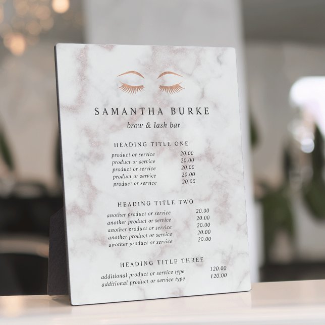 Plaque Photo Rose de marbre Gold Lash & Brow Tarification/Servi (Créateur téléchargé)
