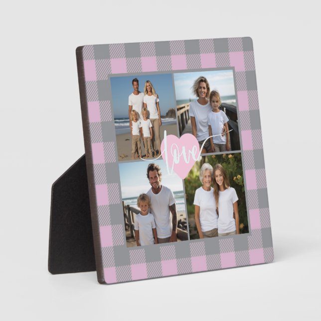 Plaque Photo Rose gris plaid élégant Famille 4 photo amour coeu (Recto)