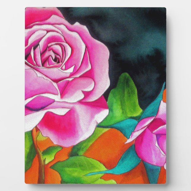 Plaque Photo Rose rose avec art aquarelle orange (Devant)