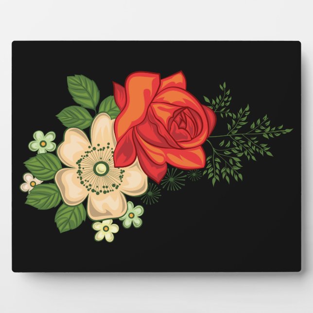 Plaque Photo Rose rouge et marguerites Arrière - plan noir (Devant)