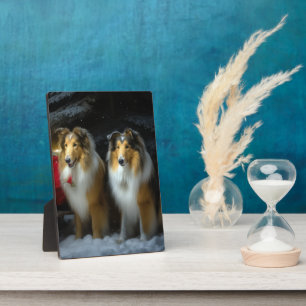 Plaque Photo Rough Collie Snowy Sleigh Décor de Noël