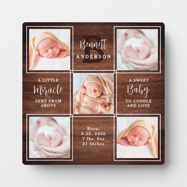 Plaque Photo Rustic New Baby Personnalisé 5 Photo Collage (Devant)