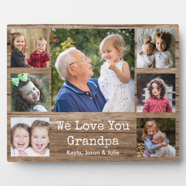 Plaque Photo Rustic Wood 7 Photo Collage We Love You Grand-Père (Devant)