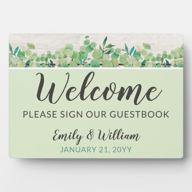 Plaque Photo Rustic Wood & Eucalyptus Bienvenue Mariage Livre d (Devant)