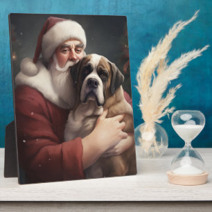 Plaque Photo Saint Bernard avec le Père Noël Festif Noël