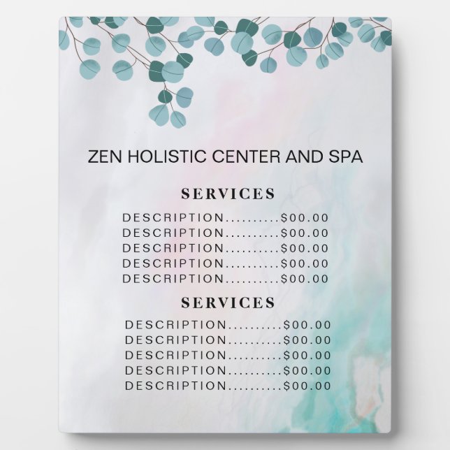 Plaque Photo Salon Spa turquoise Eucalyptus Services Menu Prix (Devant)
