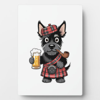 Plaque Photo Scottish Terrier in Tartan Kilt with Beer and Pipe