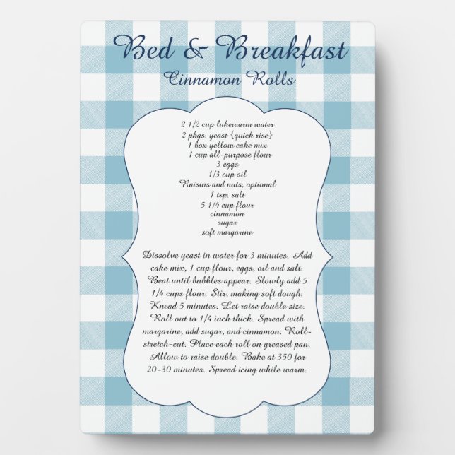 Plaque Photo Secret B&B Cinnamon Roll Recipe Blue Buffalo Check (Devant)