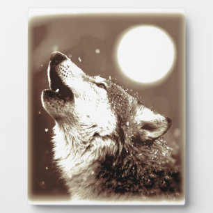 Plaque Photo Sepia Wolf & Moon