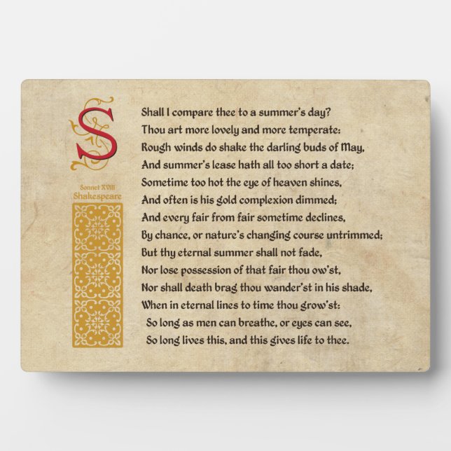 Plaque Photo Shakespeare Sonnet 18 (XVIII) sur Parchemin (Devant)