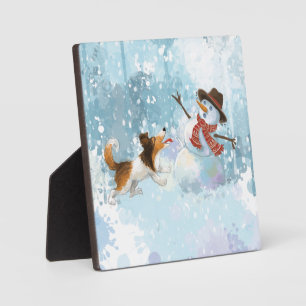 Plaque Photo Sheltie Chien et Garçon Marchent vers le Coucher d