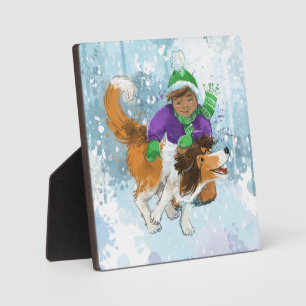 Plaque Photo Sheltie Chien et Garçon Marchent vers le Coucher d