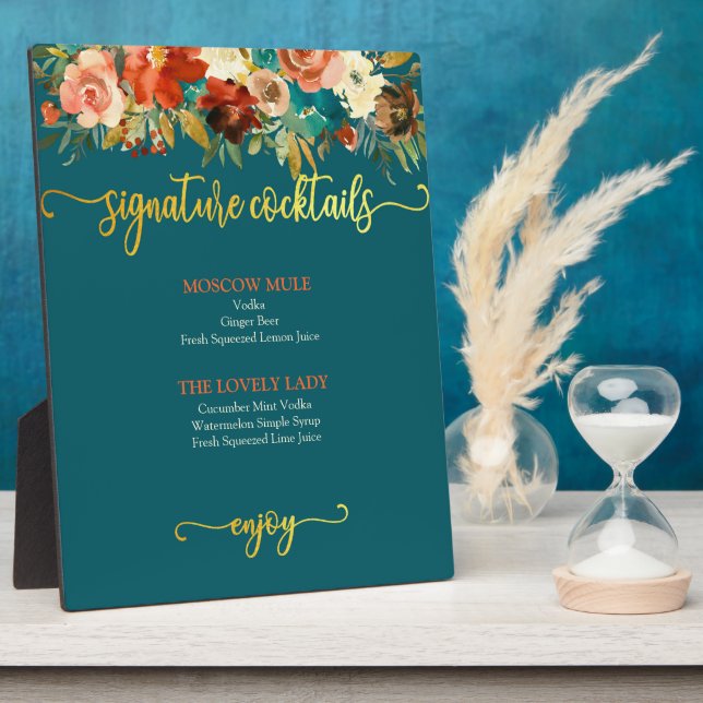 Plaque Photo Signature Cocktails Signal - Floral Turquoise & Or (Côté)