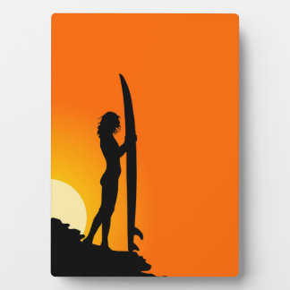 Plaque Photo Silhouette du coucher de soleil surfer