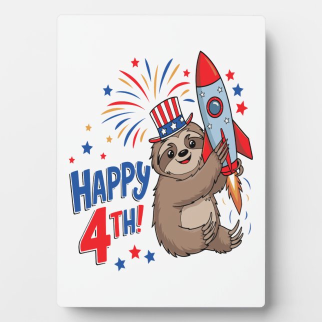 Plaque Photo Sloth Happy 4th Rocket Fireworks USA (Devant)