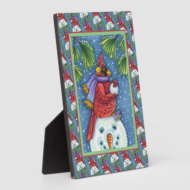 PLAQUE PHOTO SNOWMAN BODYGUARD, CHRISTMAS CARDINAL REDBIRD (Côté)