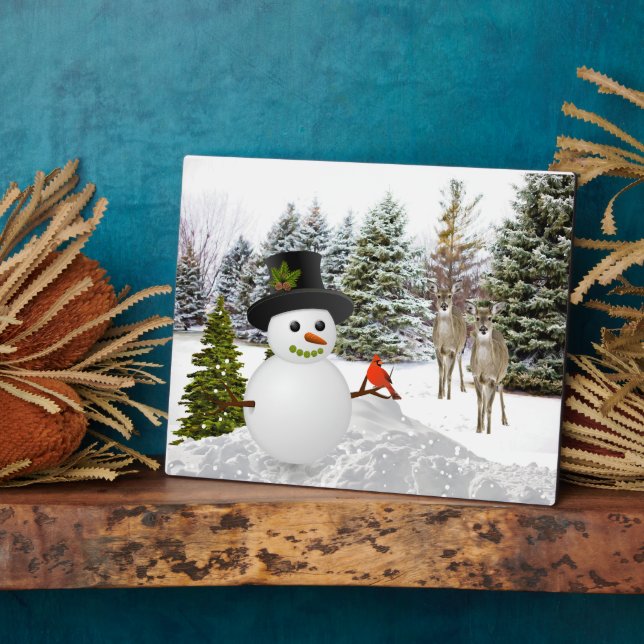 Plaque Photo Snowman et cerf / Saison d'hiver Décor maison (Côté)