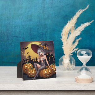 Plaque Photo Sorcière d'Halloween à l'œil vert sur citrouilles 