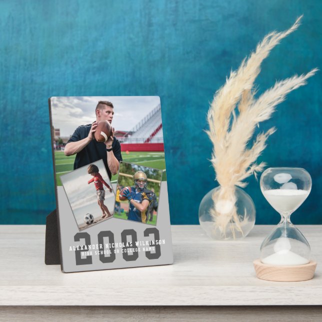 Plaque Photo Sporty Guy Modern Script 3 Photo Graduation (Côté)