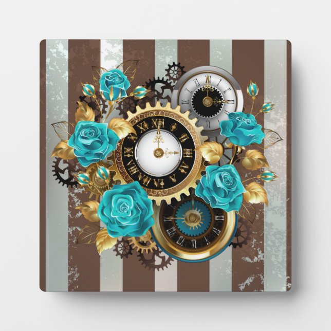 Plaque Photo Steampunk Clock and Turquoise Roses on Striped (Devant)