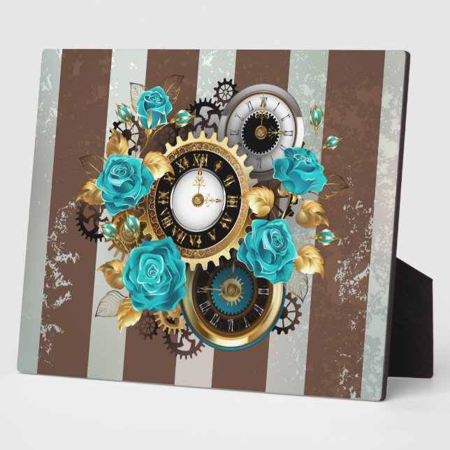 Plaque Photo Steampunk Clock and Turquoise Roses on Striped (Côté)