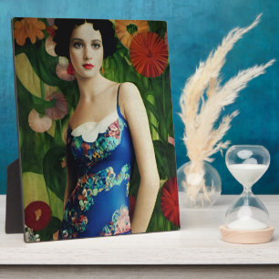 Plaque Photo Style Art Déco Elégant Femme avec Grandes Fleurs A