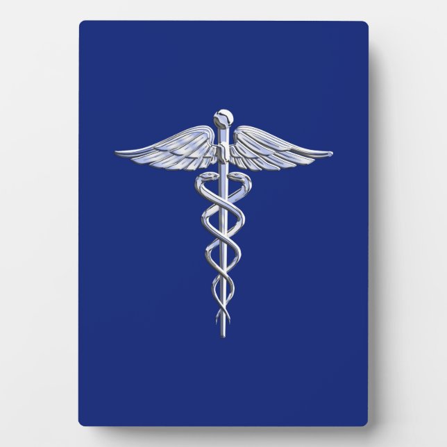Plaque Photo Symbole Médicale Chrome Argent sur bleu marine (Devant)