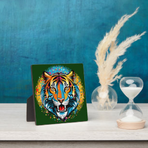 Plaque Photo Tête de tigre couleurs arc-en-ciel peinture taches