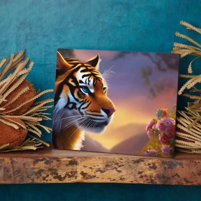 Plaque Photo Tigre bleu et fleurs roses (Côté)