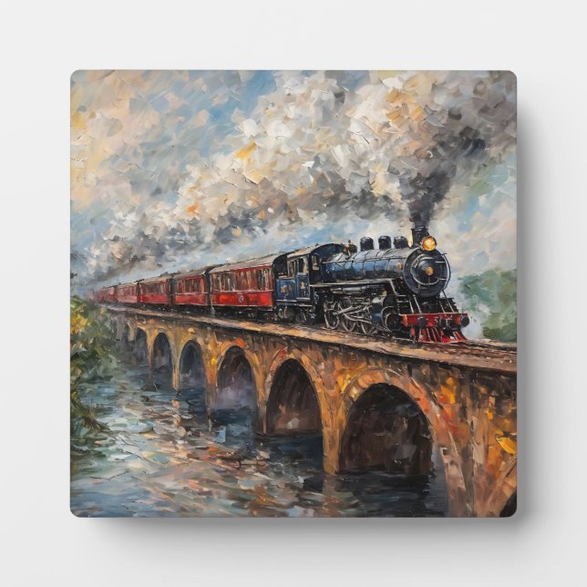 Plaque Photo Train à vapeur sur un pont - Peinture à l'huile (Devant)