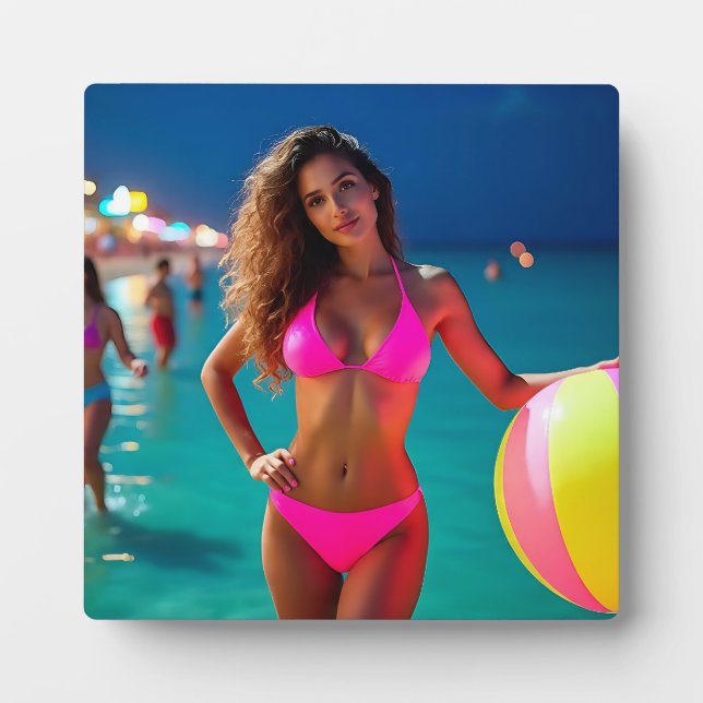 Plaque Photo Twilight Beach Portrait — Femme dans Neon Pink Bik (Devant)