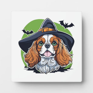 Plaque Photo Un chien portant un chapeau de sorcière avec des c