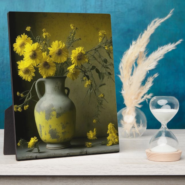 Plaque Photo Vase antique de fleurs jaunes (Côté)
