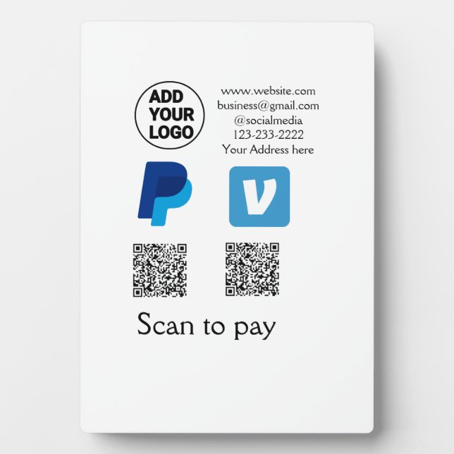 Plaque Photo Venmo paypal scan pour payer ajouter q r code logo (Devant)