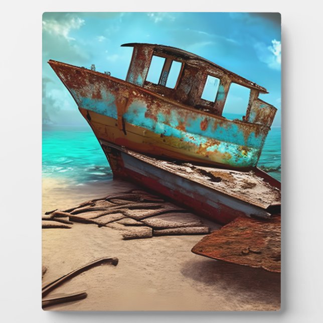 Plaque Photo Vieux bateau rouillé déserté sur une plage de sabl (Devant)