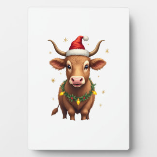 Plaque Photo Vintage Christmas Highland Cow with Santa Hat and 