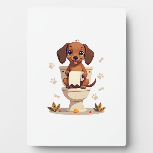 Plaque Photo Vintage Cute Dachshund on Toilet Cartoon Bathroom  (Devant)
