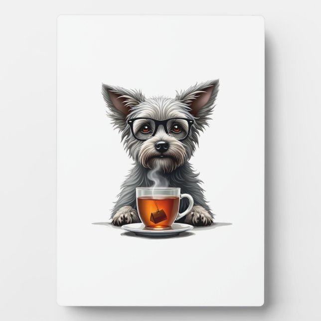 Plaque Photo Vintage Dog Holding Tea with Glasses Retro Pet Ill (Devant)