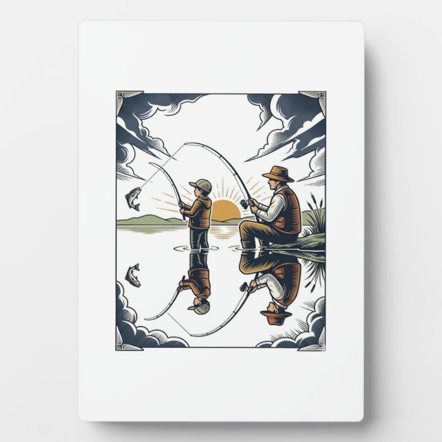 Plaque Photo Vintage Father and Child Fishing Engraving Shirt D (Devant)
