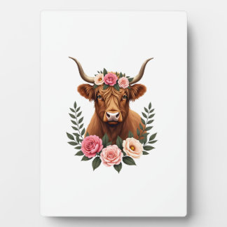 Plaque Photo Vintage Highland Cow Floral Crown Boho Farmhouse A