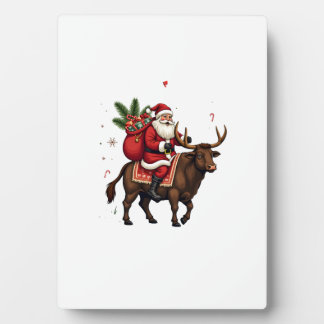 Plaque Photo Vintage Santa Riding Highland Cow Christmas Vector