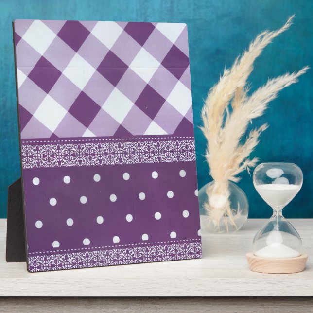 Plaque Photo Violet blanc À damiers Polka Dot Floral Damask Art (Côté)