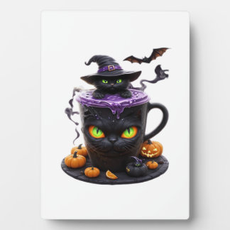 Plaque Photo Witch Cat Halloween Latte  Creepy Cute Coffee with