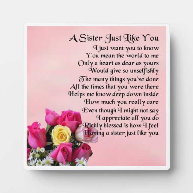Plaque Poem Soeur - Design Rose (Devant)