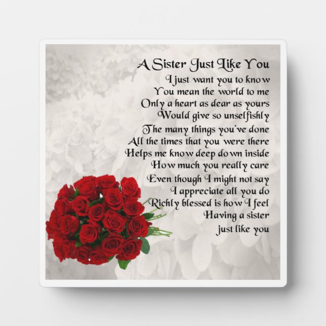 Plaque Poem Soeur - Roses Rouges Design (Devant)